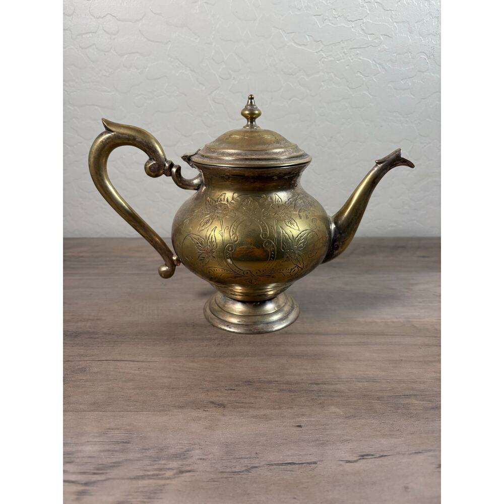 Vintage Ornate Brass Teapot‎ with Floral Etching – Antique Look
